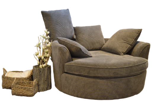 Round lounge armchair with cushions and woven baskets, product photo